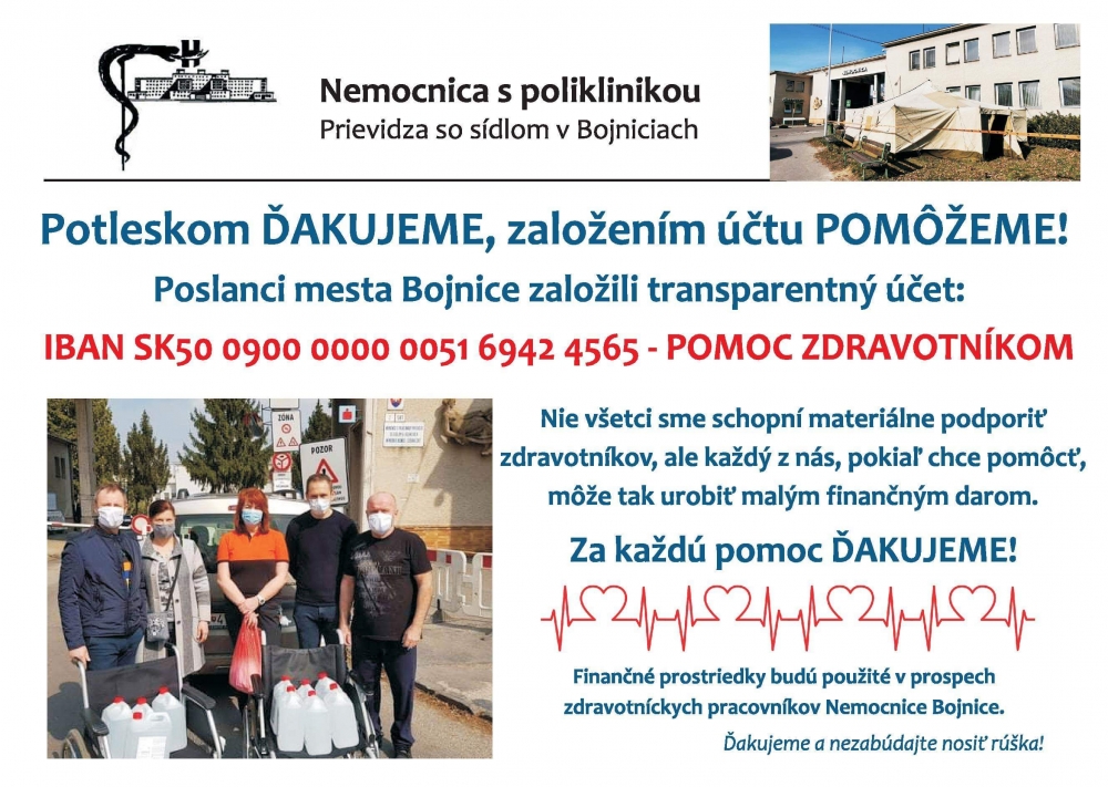 FOTO: OZNAM- účet na pomoc zdravotníkom-Nemocnica Bojnice