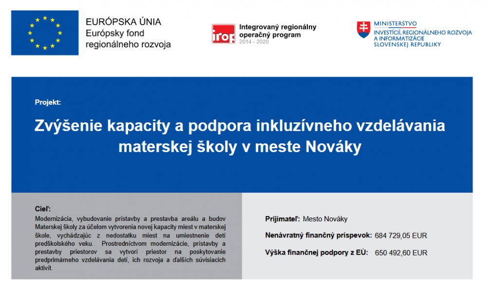 FOTO: Zvýšenie kapacity a podpora inkluzívneho vzdelávania materskej školy v meste Nováky